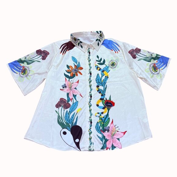 Summer Vibe 2 Piece Set Size 3XL Satin Chic Art Short Sleeve Shirt Wide Leg Pant - Picture 10 of 16